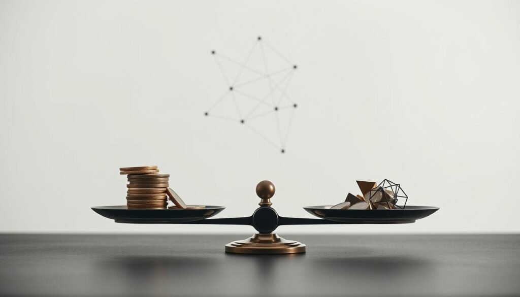 A serene, minimalist composition depicting the concept of "riesgo fondos" or mutual fund risk. In the foreground, a set of balanced scales, one tray laden with coins, the other with a cluster of geometric shapes, symbolizing the diversified assets within a mutual fund. The middle ground features a network of interconnected lines and shapes, representing the complex web of financial markets. The background is a tranquil, muted palette, conveying a sense of stability and thoughtfulness. Soft, diffused lighting illuminates the scene, creating a contemplative atmosphere. The overall tone is one of careful consideration and risk awareness, appropriate for the topic of evaluating mutual fund risk.