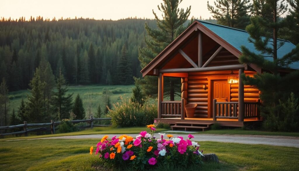 A serene outdoor scene set during golden hour, with a lush, verdant landscape in the background. In the foreground, a cozy wooden cabin nestled among towering pine trees, its inviting porch bathed in warm, soft light. The cabin's rustic exterior blends seamlessly with the natural surroundings, conveying a sense of tranquility and resilience. In the middle ground, a small garden overflows with vibrant blooms, symbolizing the resilience and growth that can emerge from challenging circumstances. The overall mood is one of quiet contemplation, hinting at the moments of determination and the lessons that can be drawn from overcoming adversity.