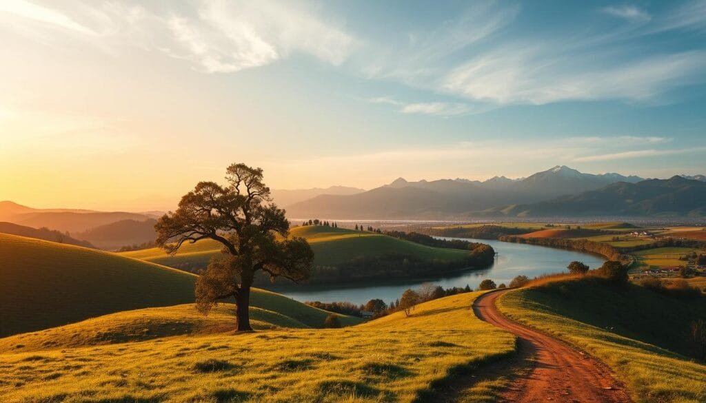 A serene, panoramic landscape with rolling hills, lush greenery, and a winding path leading into the distance. The sky is bathed in a warm, golden glow, creating a sense of timelessness and tranquility. In the foreground, a lone oak tree stands tall, its branches reaching skyward, symbolizing the enduring nature of long-term investment. The middle ground features a gently flowing river, its mirrored surface reflecting the surrounding beauty. In the background, a range of majestic mountains rises, evoking a sense of scale and the vastness of the investment horizon. The overall composition conveys a feeling of patience, perseverance, and the rewards of a thoughtful, long-term approach to wealth creation.