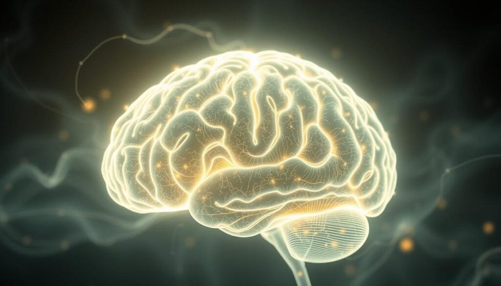 A serene rendering of the glymphatic system in the Chilean brain, showcased in a cinematic perspective. The intricate network of vessels and pathways gently glows, illuminating the brain's self-cleansing process during sleep. Wisps of ethereal energy swirl through the cerebral landscape, creating a mesmerizing, almost otherworldly atmosphere. Soft, muted tones evoke a sense of tranquility and rejuvenation, underscoring the vital role of sleep in maintaining brain health. The image captures the delicate interplay between the glymphatic system and Chile's unique neurological landscape, inviting viewers to contemplate the profound connection between slumber and the brain's self-care.