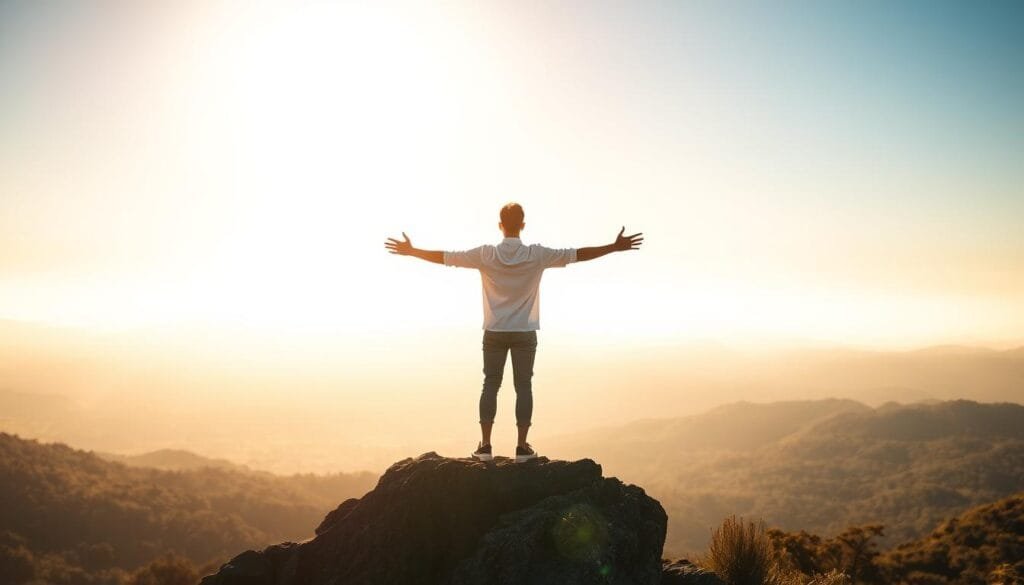 A serene, sun-drenched landscape with a lone figure standing atop a rocky outcrop, gazing out over a vast, open horizon. The figure's stance is one of contemplation and inner freedom, their arms outstretched in a gesture of liberation. The scene is bathed in warm, golden light, creating a sense of tranquility and personal empowerment. The background features rolling hills, lush foliage, and a deep, azure sky, evoking a feeling of boundless possibility and personal growth. The composition is balanced and harmonious, with the figure positioned as the central focal point, radiating a sense of clarity, purpose, and true "libertad".