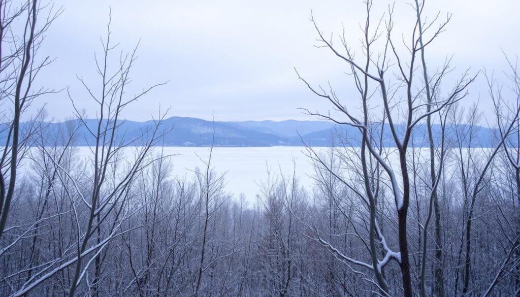 A serene winter landscape, bathed in soft, diffused light. In the foreground, a snowy forest of bare, skeletal trees, their branches delicately coated in a layer of pristine white. The middle ground features a frozen lake, its surface reflecting the muted grays and blues of the overcast sky above. In the distance, rolling hills covered in a fresh blanket of snow, their contours gently undulating against the horizon. The overall atmosphere is one of quiet contemplation, a sense of stillness and solitude permeating the scene.