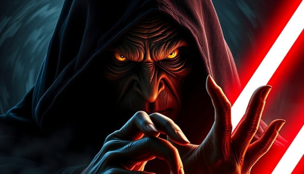 A sinister, hooded figure emerges from the shadows, his weathered face partially obscured by a deep cowl. Piercing yellow eyes gaze with unwavering intensity, radiating a palpable aura of power and malevolence. The figure's long, bony fingers gesture subtly, as if manipulating unseen forces. The background is a swirling maelstrom of dark energy, hinting at the character's mastery of the dark side of the Force. Dramatic lighting casts dramatic shadows, adding depth and complexity to the scene. The overall mood is one of ominous foreboding, befitting the infamous Darth Sidious, the Sith Lord who orchestrated the downfall of the Jedi Order. A sinister, hooded figure emerges from the shadows, his weathered face partially obscured by a deep cowl. Piercing yellow eyes gaze with unwavering intensity, radiating a palpable aura of power and malevolence. The figure's long, bony fingers gesture subtly, as if manipulating unseen forces. The background is a swirling maelstrom of dark energy, hinting at the character's mastery of the dark side of the Force. Dramatic lighting casts dramatic shadows, adding depth and complexity to the scene. The overall mood is one of ominous foreboding, befitting the infamous Darth Sidious, the Sith Lord who orchestrated the downfall of the Jedi Order.