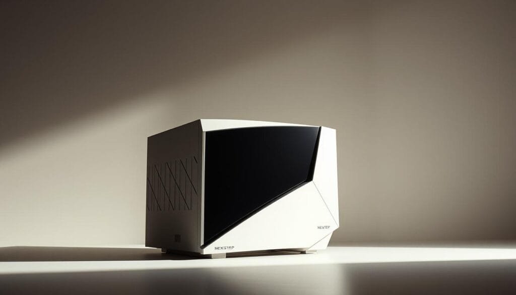 A sleek and minimalist NeXTSTEP computer system takes center stage, its bold black-and-white aesthetic and angular design evocative of the era's technological ambition. Soft, directional lighting from an unseen source casts dramatic shadows, emphasizing the machine's sculpted form. The background fades into a hazy, contemplative atmosphere, conveying a sense of the product's lofty aspirations and the market's ultimately tepid reception. The overall composition suggests a bittersweet narrative of innovation and commercial disappointment.