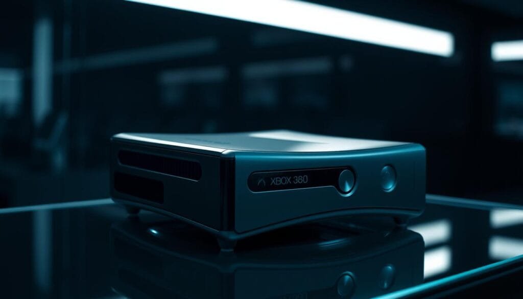 A sleek and modern Xbox 360 console sitting on a minimalist glass or metal surface, with a subtle glow or lighting highlighting its clean, angular design. The console is positioned in a dimly lit, high-tech environment, creating a sense of sophistication and the latest advancements in gaming technology. The background is slightly blurred, placing the focus on the Xbox 360 as the centerpiece. The overall atmosphere evokes a sense of the online and networked gaming experience, hinting at the console's capabilities for multiplayer and online connectivity.