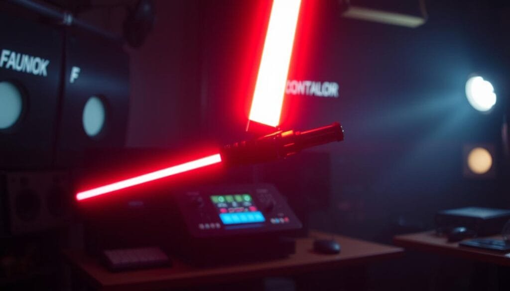 A sleek, high-tech lightsaber hovers in a dimly-lit, cinematic setting. The blade emits a vibrant, glowing hue, casting a warm, dramatic light across the scene. In the background, a futuristic control panel and blurred sci-fi elements suggest a movie studio or workshop environment. The composition captures the iconic silhouette of the lightsaber, emphasizing its elegant, powerful design. Subtle lens flares and a moody, atmospheric lighting create a sense of cinematic realism and immersion. The overall mood evokes the iconic sound and visual of a lightsaber, bridging the gap between film fantasy and real-world audio engineering.