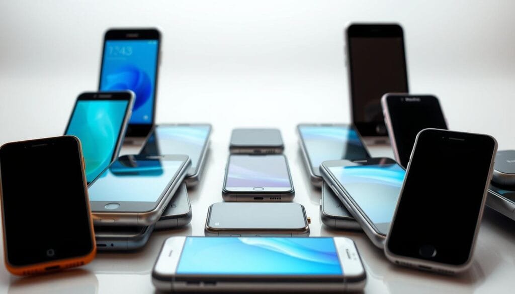 A sleek, modern arrangement of smart smartphones, their screens glowing with vibrant digital displays. In the foreground, a collection of the latest models, their metallic frames and curved glass surfaces reflecting the soft, directional lighting from above. In the middle ground, a scattering of older, less-advanced phones, serving as a contrast to the advanced technology. The background fades into a hazy, minimalist setting, emphasizing the focus on the phones themselves. The scene conveys a sense of progress, innovation, and the rapid evolution of mobile technology, hinting at the seismic shifts that disrupted the once-dominant Nokia brand.
