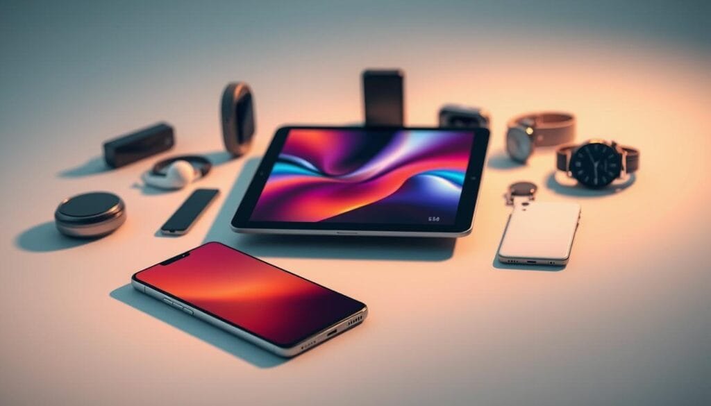 A sleek, modern composition showcasing a diverse array of contemporary mobile devices. In the foreground, a flagship smartphone with a curved OLED display, its metallic body reflecting the warm lighting. In the middle ground, a tablet computer with a stylish thin-bezel design, its screen displaying a vibrant user interface. In the background, a range of wearable devices, including a smartwatch with a circular face and a pair of wireless earbuds, all arranged in a visually striking layout. The lighting is soft and directional, creating depth and emphasizing the clean, minimalist aesthetic of the devices. The overall mood is one of technological sophistication and the rapid evolution of mobile computing.