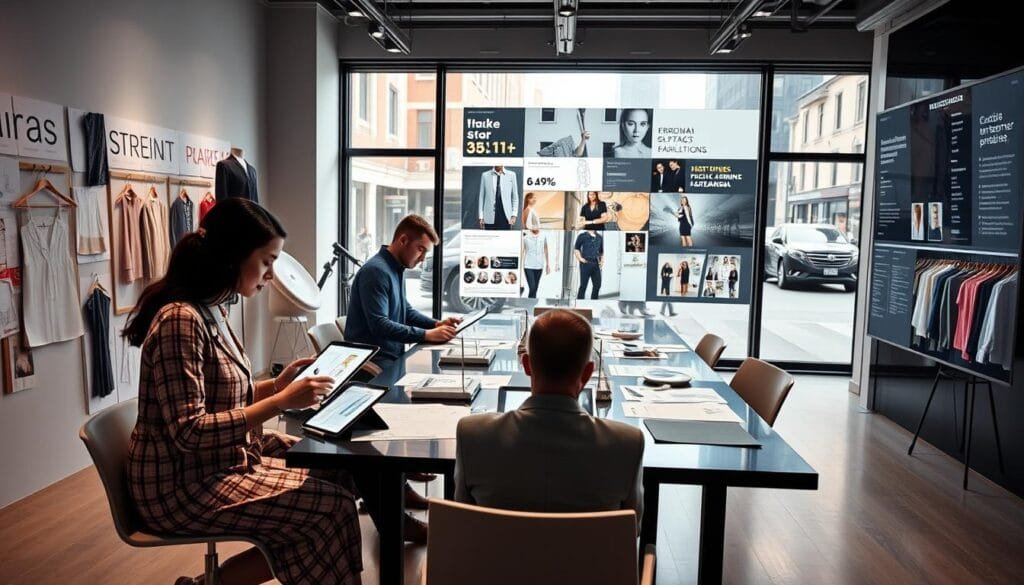 A sleek, modern fashion design studio with a focus on trend-setting, fast-paced style. The foreground features a team of stylish designers sketching new garment concepts on tablets, surrounded by mood boards, fabric swatches, and inspirational imagery. The middle ground showcases a large conference table where they analyze market data and discuss upcoming collections. In the background, a wall-sized digital display tracks real-time social media trends and consumer demand. Soft, indirect lighting casts a professional, creative atmosphere, while large windows provide a view of a bustling city street outside. The overall scene conveys a sense of innovation, dynamism, and a relentless pursuit of "moda instantánea".