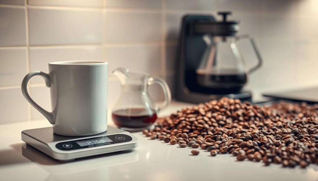 A sleek, modern kitchen countertop with a carefully arranged assortment of coffee-related items. In the foreground, a pristine, white ceramic mug sits atop a digital scale, its display showing precise measurements. Beside it, a glass carafe filled with freshly brewed coffee, its steam rising in delicate wisps. In the middle ground, an array of coffee beans, whole and ground, in various shades of brown, arranged in a visually appealing manner. The background features a minimalist tiled wall, with soft, warm lighting illuminating the scene, creating a serene and contemplative atmosphere. A sleek, modern kitchen countertop with a carefully arranged assortment of coffee-related items. In the foreground, a pristine, white ceramic mug sits atop a digital scale, its display showing precise measurements. Beside it, a glass carafe filled with freshly brewed coffee, its steam rising in delicate wisps. In the middle ground, an array of coffee beans, whole and ground, in various shades of brown, arranged in a visually appealing manner. The background features a minimalist tiled wall, with soft, warm lighting illuminating the scene, creating a serene and contemplative atmosphere.