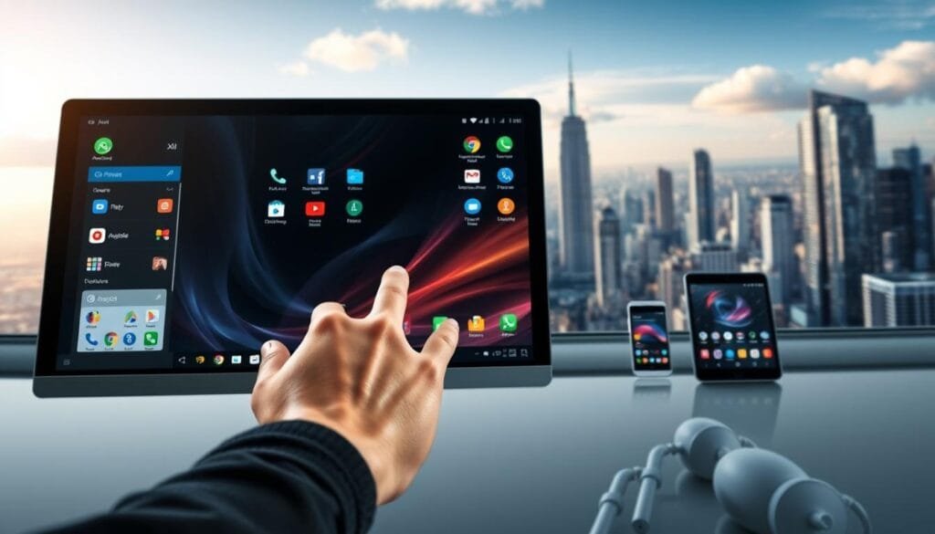 A sleek, modern-looking computer desktop environment, showcasing the Android operating system in action. The interface features a clean, minimalist design with vibrant, colorful icons and a smooth, responsive user experience. In the foreground, a user's hand interacts with the touchscreen, navigating through various apps and features. The middle ground depicts a range of Android-powered devices, such as smartphones and tablets, seamlessly integrated into the scene. The background portrays a dynamic, futuristic cityscape, hinting at the ubiquity and global dominance of the Android OS. The overall mood is one of technological innovation, progress, and the triumph of a once-underestimated platform.