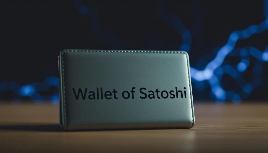 A sleek, modern-looking wallet with the text "Wallet of Satoshi" prominently displayed on its surface. The wallet is made of high-quality materials, such as polished metal or smooth leather, and has a minimalist, elegant design. The background is a blurred, out-of-focus image of a lightning bolt, representing the Lightning Network, a key component of the Bitcoin ecosystem. The lighting is soft and diffused, creating a sense of depth and dimension. The overall mood is one of sophistication, innovation, and the seamless integration of technology and finance.