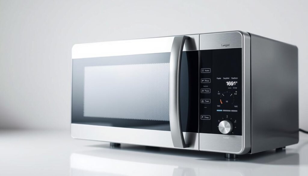 A sleek, modern microwave oven set against a clean, minimalist background. The metallic exterior gleams under bright, diffused lighting, highlighting its smooth curves and elegant design. The door features a subtle grid pattern, a signature of the device's magnetron technology that generates the powerful microwaves. In the foreground, the control panel displays a simple, intuitive interface with precise temperature and time settings, conveying the appliance's precision and user-friendliness. The overall scene exudes a sense of technological sophistication and effortless functionality, reflecting the accidental yet transformative invention of the microwave oven. A sleek, modern microwave oven set against a clean, minimalist background. The metallic exterior gleams under bright, diffused lighting, highlighting its smooth curves and elegant design. The door features a subtle grid pattern, a signature of the device's magnetron technology that generates the powerful microwaves. In the foreground, the control panel displays a simple, intuitive interface with precise temperature and time settings, conveying the appliance's precision and user-friendliness. The overall scene exudes a sense of technological sophistication and effortless functionality, reflecting the accidental yet transformative invention of the microwave oven.