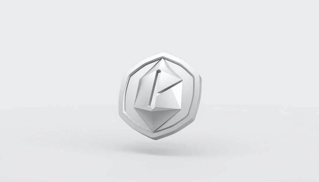 A sleek, modern token floating against a minimalist backdrop. The token is a gleaming, three-dimensional geometric shape, rendered in shades of silver and grey. The lighting is soft and diffused, creating a sense of depth and volume. The background is a simple, uncluttered plane in a complementary neutral tone, allowing the token to take center stage. The overall composition is clean, elegant, and visually striking, perfectly capturing the essence of a non-fungible token.