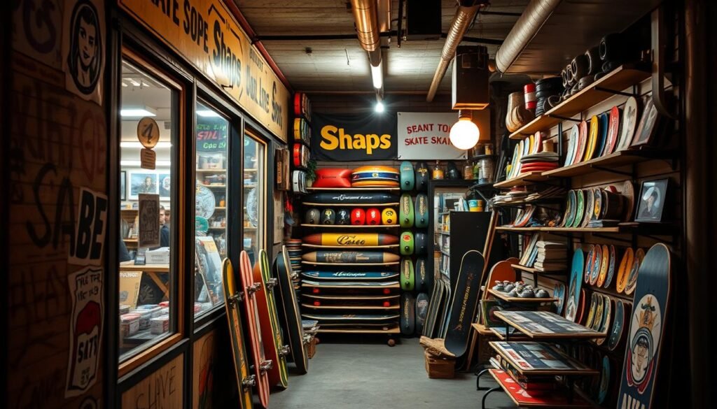A small, unassuming skate shop nestled in the heart of the city, its weathered facade adorned with faded decals and hand-painted signage. Through the windows, a carefully curated display of colorful decks, trucks, and wheels beckons passersby. The interior is a maze of racks and shelves, filled with the latest gear and vintage collectibles, a testament to the shop's long history. Warm, diffused lighting filters in, casting a cozy, nostalgic glow over the scene. The atmosphere is one of relaxed camaraderie, where skaters and enthusiasts gather to share stories, test new equipment, and immerse themselves in the vibrant subculture that thrives within these four walls.