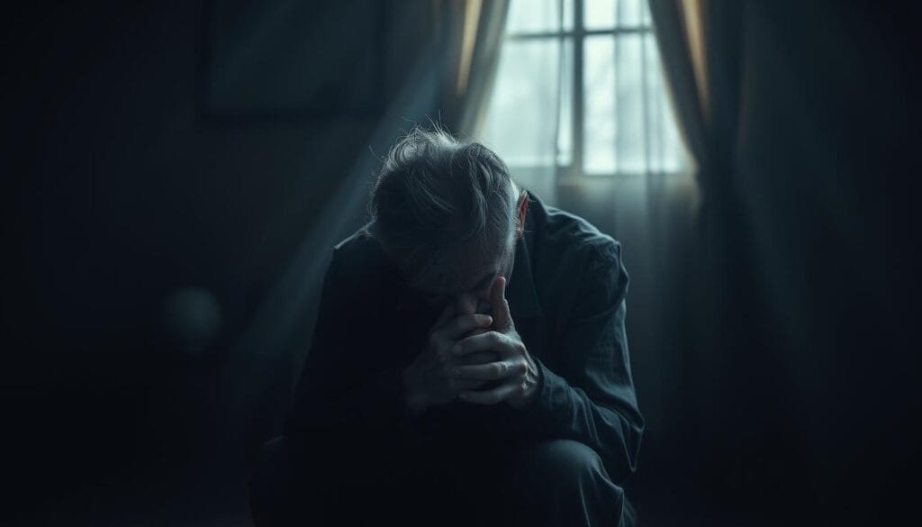 A somber, weathered individual sits in a dimly lit room, shoulders hunched, head in hands. The air is heavy with a sense of melancholy and regret. Soft, diffused lighting casts long shadows, highlighting the figure's palpable dejection. The background is blurred, drawing the viewer's focus to the central subject, who appears to have lost something precious, their very essence drained. The scene evokes a profound sense of loss, the kind that weighs heavily on the heart and soul, a painful reminder of the human experience.