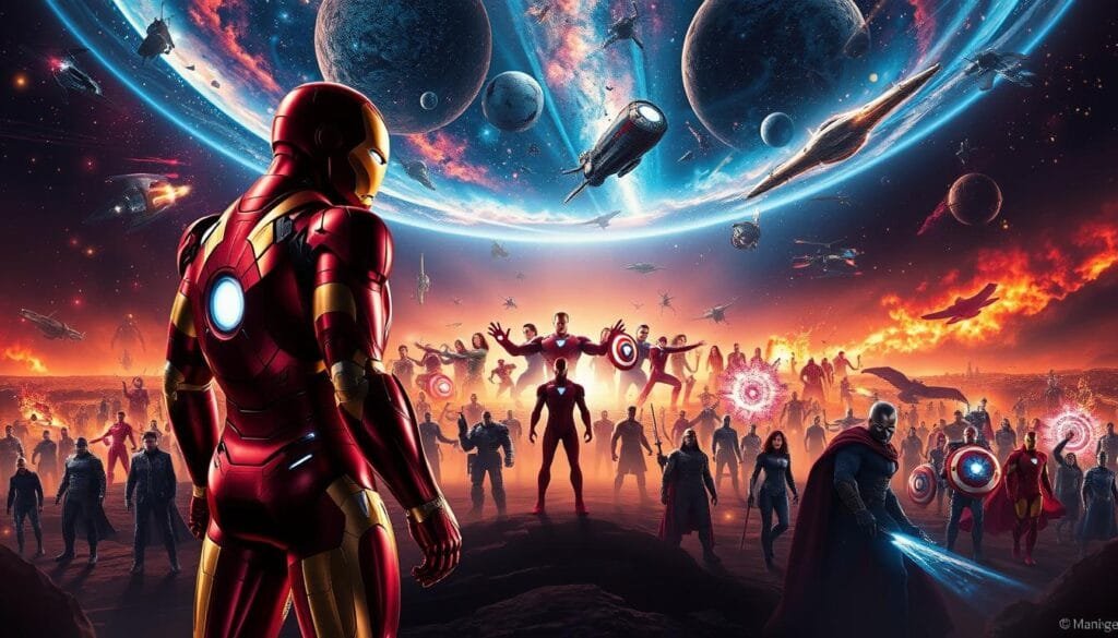 A sprawling cinematic landscape, showcasing the grand vision of the Marvel Cinematic Universe. In the foreground, a bold and iconic silhouette of Iron Man, his signature red and gold suit gleaming under dramatic lighting. In the middle ground, a dynamic array of Marvel heroes and villains, their powers and abilities radiating with vibrant energy. The background opens up to a vast, cosmic expanse, filled with swirling galaxies, nebulae, and the silhouettes of iconic Marvel spacecraft. The overall composition conveys a sense of scale, grandeur, and the interconnected nature of the Marvel universe, reflecting the journey from the initial Iron Man film to the expansive transmedia phenomenon of today.