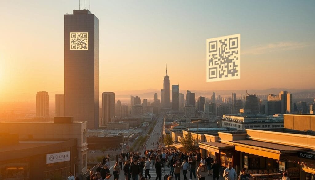 A sprawling cityscape bathed in warm, golden-hour light, with a prominent QR code symbol projected onto the side of a towering skyscraper. In the foreground, a bustling street teeming with people using their smartphones to scan the ubiquitous code, highlighting the global impact and widespread adoption of this revolutionary technology. The mid-ground features a diverse array of businesses, from retail shops to restaurants, all seamlessly integrating the QR code into their operations. In the background, a panoramic view of the city skyline, showcasing the seamless integration of this innovation across multiple industries and its transformative effect on the urban landscape.