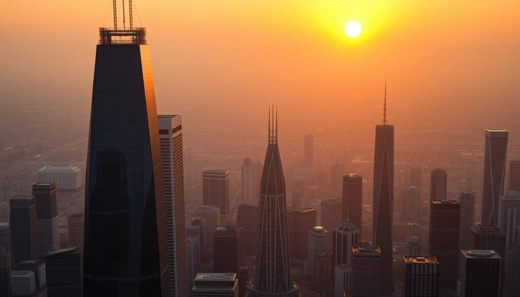 A sprawling cityscape of gleaming new skyscrapers and architectural marvels, bathed in warm golden light from a setting sun. The foreground features a prominent tower with a distinctive, modern design, its faceted glass facade reflecting the vibrant colors of the sky. In the middle ground, a cluster of sleek, angular buildings stand tall, their sharp lines and geometric shapes creating a striking visual contrast. The background is filled with a hazy, atmospheric landscape, with distant mountains and a faintly visible horizon line. The overall scene conveys a sense of progress, innovation, and the continuous evolution of the urban landscape.