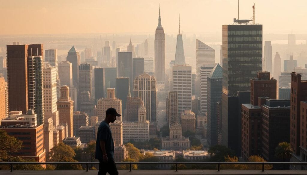 A sprawling cityscape of towering skyscrapers and bustling streets, Nueva York is a vibrant metropolis teeming with life. In the foreground, a lone figure walks the sidewalk, lost in thought, their simple attire a stark contrast to the opulent buildings around them. The middle ground is a symphony of architectural marvels, each structure a testament to human ingenuity and ambition. In the background, the iconic silhouette of the Statue of Liberty stands watch, a symbol of freedom and possibility. The scene is bathed in a warm, golden light, evoking a sense of serenity and contemplation, as if inviting the viewer to ponder the dichotomy of wealth and simplicity.