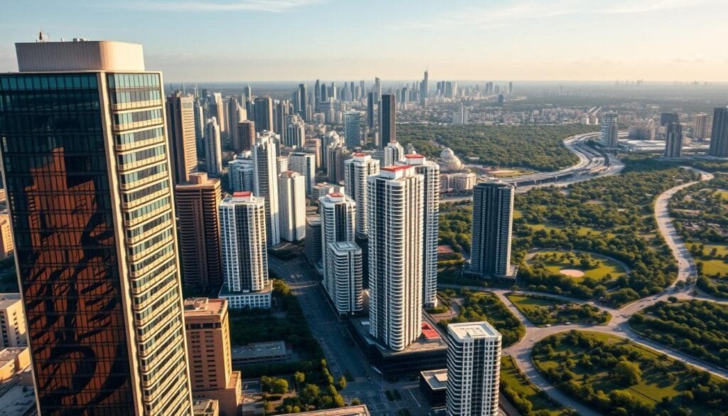 A sprawling cityscape of towering skyscrapers and luxurious residential complexes, showcasing the diverse real estate portfolio of Amancio Ortega. The foreground features a sleek, modern office building with gleaming glass facades, reflecting the city's skyline. In the middle ground, high-end apartment towers rise, their balconies offering panoramic views of the bustling metropolis. The background is dotted with verdant parks and winding boulevards, creating a harmonious blend of urban development and green spaces. The scene is illuminated by warm, golden lighting, conveying a sense of prosperity and success. The overall composition highlights the breadth and sophistication of Ortega's real estate empire, beyond the fashion industry that made him one of the wealthiest individuals in the world. A sprawling cityscape of towering skyscrapers and luxurious residential complexes, showcasing the diverse real estate portfolio of Amancio Ortega. The foreground features a sleek, modern office building with gleaming glass facades, reflecting the city's skyline. In the middle ground, high-end apartment towers rise, their balconies offering panoramic views of the bustling metropolis. The background is dotted with verdant parks and winding boulevards, creating a harmonious blend of urban development and green spaces. The scene is illuminated by warm, golden lighting, conveying a sense of prosperity and success. The overall composition highlights the breadth and sophistication of Ortega's real estate empire, beyond the fashion industry that made him one of the wealthiest individuals in the world.