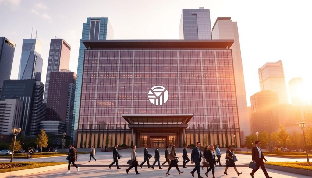 A sprawling corporate headquarters set against a backdrop of towering skyscrapers, bathed in the warm glow of the sun. In the foreground, a sleek, modern office building with clean lines and a glass facade, reflecting the city skyline. The entrance is flanked by a bold, minimalist logo and a grand, welcoming plaza. In the middle ground, a bustling scene of employees walking briskly, carrying briefcases and laptops, exemplifying the dynamic energy of a thriving enterprise. The overall atmosphere conveys a sense of ambitious growth, innovation, and industry leadership.