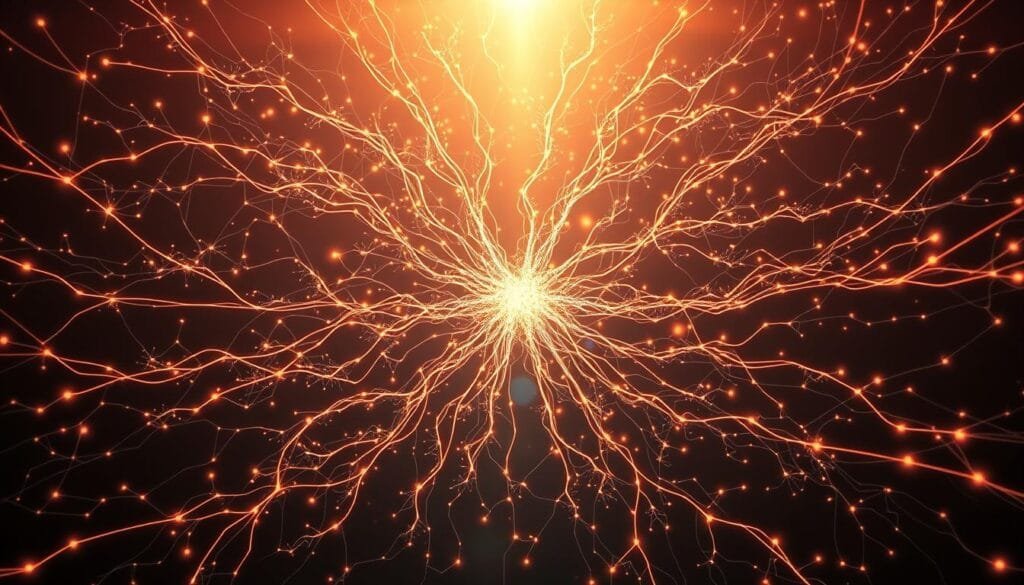 A sprawling neural network of luminous synapses, pulsing with the electrical dance of consciousness. In the foreground, a central hub of brilliant nodes, the origin of the mind's awakening. Surrounding it, a halo of radiant connections spreading outward, mapping the intricate pathways of awareness. Bathed in a warm, soft light that casts a contemplative glow, the image conveys the profound mystery and sublime elegance of the emergence of consciousness. Subtle shifts in color and depth suggest the multifaceted, ever-evolving nature of this fundamental aspect of human experience. The overall composition evokes a sense of wonder and reverence for the untapped potential of the mind.
