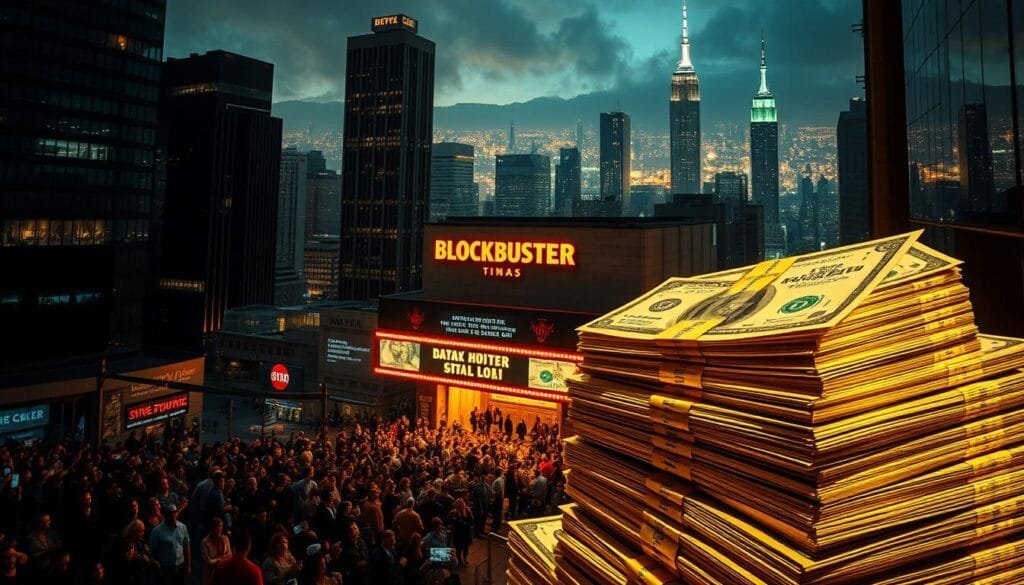 A sprawling skyline of towering skyscrapers, the glittering lights of a thriving metropolis. At the center, a grand movie theater marquee illuminates the night, showcasing the title of a blockbuster film in bold, neon letters. Crowds of people spill out onto the bustling streets, their faces alight with excitement. In the foreground, stacks of oversized, gold-plated dollar bills symbolize the astronomical box office revenue, a testament to the film's global impact and cultural phenomenon. Dramatic, cinematic lighting casts dramatic shadows, evoking the grand scale and spectacle of the movie industry. The overall atmosphere is one of unbridled success, financial triumph, and the power of storytelling to captivate audiences worldwide.