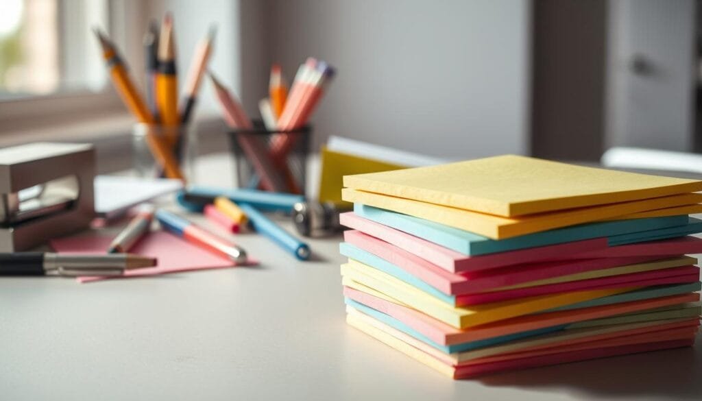 A stack of brightly colored square post-it notes in the foreground, arranged in a natural, organic composition. The notes are partially overlapping, casting soft shadows on the surface beneath. In the middle ground, various office supplies like pens, pencils, and a stapler are scattered around the notes, suggesting a dynamic, creative workspace. The background is blurred, hinting at a modern office environment with clean lines and neutral tones. The lighting is soft and diffused, creating a warm, inviting atmosphere that highlights the playful, tactile nature of the post-it notes.