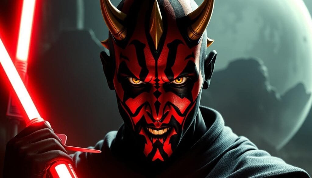 A striking and ominous portrait of Darth Maul, the fearsome Sith apprentice to Darth Sidious, set against a backdrop of the enigmatic and foreboding world of Dathomir. Maul's imposing figure looms large, his piercing yellow eyes and intricate facial tattoos conveying a sense of raw power and dark devotion. The lighting casts dramatic shadows, accentuating the sharp contours of his features and the deadly double-bladed lightsaber he wields. The moody, atmospheric environment hints at the character's turbulent history and his role in the larger tapestry of the Star Wars saga. A striking and ominous portrait of Darth Maul, the fearsome Sith apprentice to Darth Sidious, set against a backdrop of the enigmatic and foreboding world of Dathomir. Maul's imposing figure looms large, his piercing yellow eyes and intricate facial tattoos conveying a sense of raw power and dark devotion. The lighting casts dramatic shadows, accentuating the sharp contours of his features and the deadly double-bladed lightsaber he wields. The moody, atmospheric environment hints at the character's turbulent history and his role in the larger tapestry of the Star Wars saga.