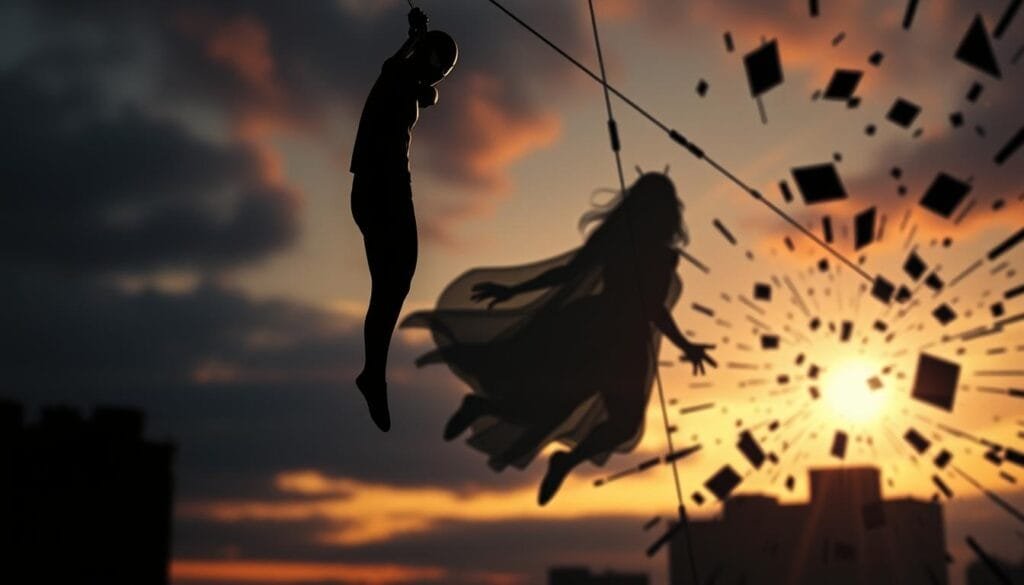 A striking cinematic composition depicting the narrative reverberations of Gwen Stacy's iconic death in Spider-Man comics. In the foreground, a moody silhouette of Spider-Man, his web-line severed, suspended against a somber twilight sky. Layers of shadow and light convey the haunting aftermath, the emotional weight of this pivotal moment that ushered in a new era for the hero. The middle ground features a spectral, ghostly presence - the lingering spirit of Gwen Stacy, a symbolic echo of her tragic demise. The background blurs into a swirling vortex of shattered panels, fragmented narratives, and distorted reflections, suggesting the profound narrative repercussions that reverberated through decades of Spider-Man stories.