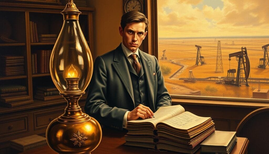 A striking oil painting depicting the young John D. Rockefeller, standing confidently in a well-appointed office, surrounded by the trappings of his burgeoning oil empire. The foreground showcases a gleaming brass oil lamp, symbolizing the wealth and power soon to be amassed. In the middle ground, Rockefeller's piercing gaze is fixed on a stack of ledgers, meticulously recording the initial transactions that would lay the foundation for his first million-dollar fortune. The background reveals a panoramic view of the bustling oil fields, with derricks and pipelines hinting at the vast resources soon to be harnessed. The warm, sepia-toned lighting casts a sense of timeless determination, capturing the entrepreneurial spirit that would transform Rockefeller into one of the wealthiest men of his era.