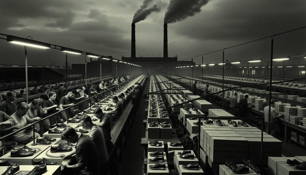 A stunning aerial view of a bustling German factory in the 1940s, the Dassler brothers' shoe empire in its prime. The foreground showcases a lineup of workers assembling intricate leather shoes, their faces obscured by the glare of the overhead lamps. In the middle ground, a massive assembly line churns out box after box of the iconic "años" athletic footwear, destined to outfit the world's top athletes. The background is dominated by the imposing silhouette of the factory itself, its towering smokestacks belching clouds of steam against a moody, overcast sky. The scene exudes a sense of industrious determination, reflecting the competitive spirit that drove the Dassler brothers to build a footwear empire that would leave an indelible mark on sports history.