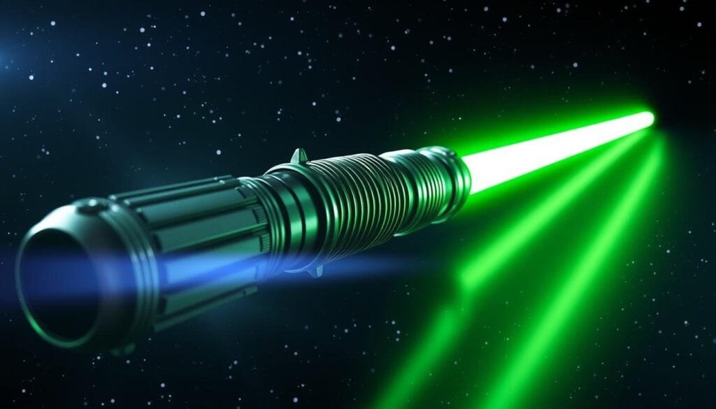 A stunning, highly detailed rendering of a sable verde lightsaber from the Star Wars universe, set against a dramatic, starry backdrop. The hilt is exquisitely crafted, with intricate metallic textures and accents. The vibrant green blade emanates a powerful, ethereal glow, casting a captivating illumination across the scene. The composition emphasizes the lightsaber's elegant form and mesmerizing visual impact, capturing the essence of its cultural significance in the Star Wars mythos. Cinematic lighting and camera angles heighten the sense of drama and visual immersion, creating a visually striking image that would perfectly complement the article's exploration of the sable verde's impact on the Star Wars franchise and beyond.