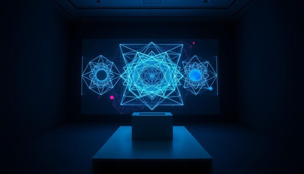 A stunning holographic display illuminates a darkened room, casting intricate geometric patterns and vibrant colors that seem to float in mid-air. The projection appears to be generated from a sleek, minimalist device positioned on a pedestal, its form echoing the elegant shapes projected before it. The scene has a sense of futuristic wonder, as if glimpsing the potential of advanced visualization technologies. Soft, directional lighting bathes the display, creating depth and dimension that enhance the illusion of a three-dimensional image. The overall atmosphere is one of scientific discovery and technological innovation, reflecting the conceptual nature of the "holographic universe" theory.