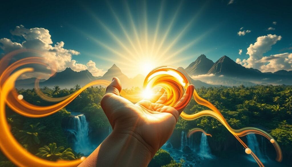 A stunning visual depiction of the "onda vital" concept, inspired by the ancient Hawaiian royalty behind the iconic "Kamehameha" technique from the Dragon Ball franchise. In the foreground, a powerful energy wave emanates from the palm of a strong, heroic figure, its vibrant hues and dynamic lines capturing the essence of life force and spiritual awakening. The middle ground features lush, tropical foliage with cascading waterfalls, evoking the natural beauty and mysticism of the Hawaiian islands. In the background, majestic mountains and a radiant, golden-hued sky create a sense of grandeur and cosmic connection. The lighting is dramatic, with strategic shadows and highlights accentuating the sculpted forms and ethereal quality of the scene. Captured through a cinematic, wide-angle lens, this image aims to visually convey the deep cultural and metaphysical resonance of the "onda vital" concept.