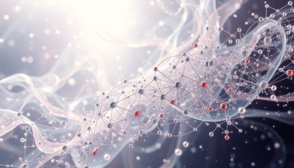 A surreal, abstract depiction of the intricate mechanics of quantum superfluidity. A shimmering, ethereal background of translucent, flowing forms and prismatic light effects. In the foreground, a complex, interlocking dance of quantum particles, their paths tracing intricate, flowing patterns through space. Subtle details of atoms, molecules, and quantum fields emerge, hinting at the underlying physics. Soft, diffuse lighting casts a dreamlike, otherworldly atmosphere, emphasizing the strange, fluid nature of this quantum mechanical state of matter. Precise, technical accuracy blends with a sense of the mysterious and awe-inspiring.