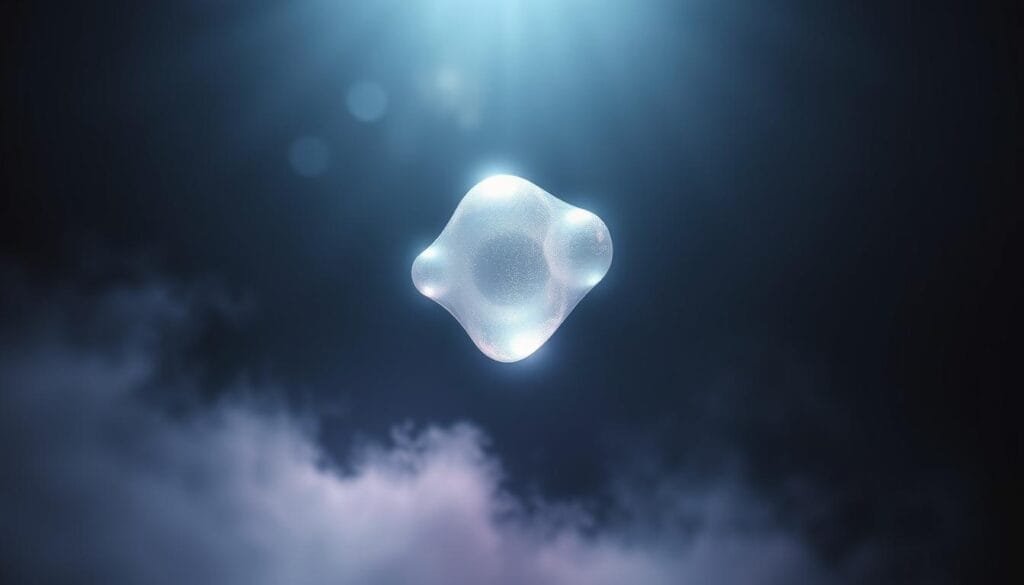 A surreal and ethereal depiction of "masa imaginaria" (imaginary mass), a theoretical concept in the study of tachyons - hypothetical particles that could travel faster than light. Rendered in a dreamlike, almost holographic style, the image depicts a shimmering, translucent form suspended in a dark, void-like space, illuminated by a soft, diffuse glow. The form appears to defy gravity, its edges blurred and indistinct, hinting at the elusive and enigmatic nature of this imaginary mass. The overall atmosphere conveys a sense of the unseen, the unexplained, and the mysteries of the quantum realm.