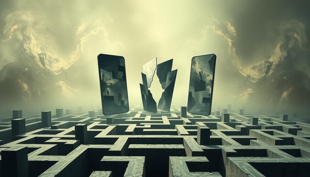 A surreal and thought-provoking illustration of "sesgos conductuales" (behavioral biases). In the foreground, a disorienting maze of geometric shapes and disjointed perspectives, representing the complex, often subconscious factors that influence human decision-making. In the middle ground, fragmented mirrors reflecting distorted, fractured images - a metaphor for the biases that distort our perceptions. The background is shrouded in a hazy, dreamlike atmosphere, evoking the subtle, elusive nature of these psychological phenomena. Soft, muted lighting casts an introspective mood, inviting the viewer to ponder the unseen forces that guide our choices. Rendered in a striking, surreal style that captures the essence of "sesgos conductuales" in a visually compelling manner.