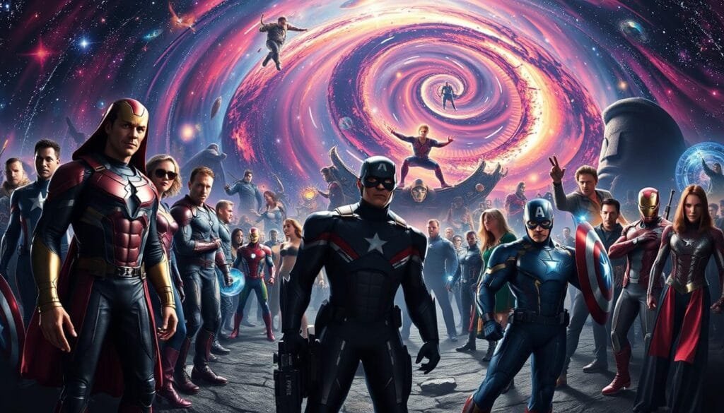 A sweeping panoramic shot of the Marvel Cinematic Universe, captured with a wide-angle lens and dramatic lighting. In the foreground, iconic superheroes stand tall, their costumes and expressions commanding attention. The middle ground showcases key moments and characters from the franchise's history, rendered in vivid detail. In the background, a cosmic backdrop of swirling galaxies, nebulae, and stars creates a sense of scale and grandeur, reflecting the epic scope of the Marvel universe. The overall composition conveys the growth, success, and cultural impact of Marvel Studios, a story of perseverance and triumph against the odds.
