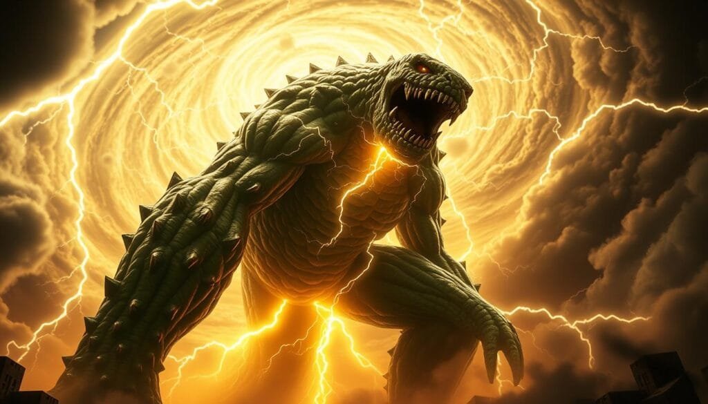 A towering Creeper, its body crackling with electric energy, stands amidst a swirling vortex of lightning bolts. Sinewy muscles ripple beneath its verdant skin, hinting at immense power. In the foreground, the Creeper's jagged maw is open in a silent roar, its eyes burning with an otherworldly intensity. The middle ground is shrouded in an eerie, ethereal glow, while the background is a chaotic maelstrom of swirling clouds and turbulent skies, evoking a sense of impending doom. Dramatic chiaroscuro lighting casts deep shadows, heightening the Creeper's menacing presence. Captured in a cinematic, wide-angle shot, this charged Creeper embodies the raw, destructive energy at the heart of the Minecraft lore.