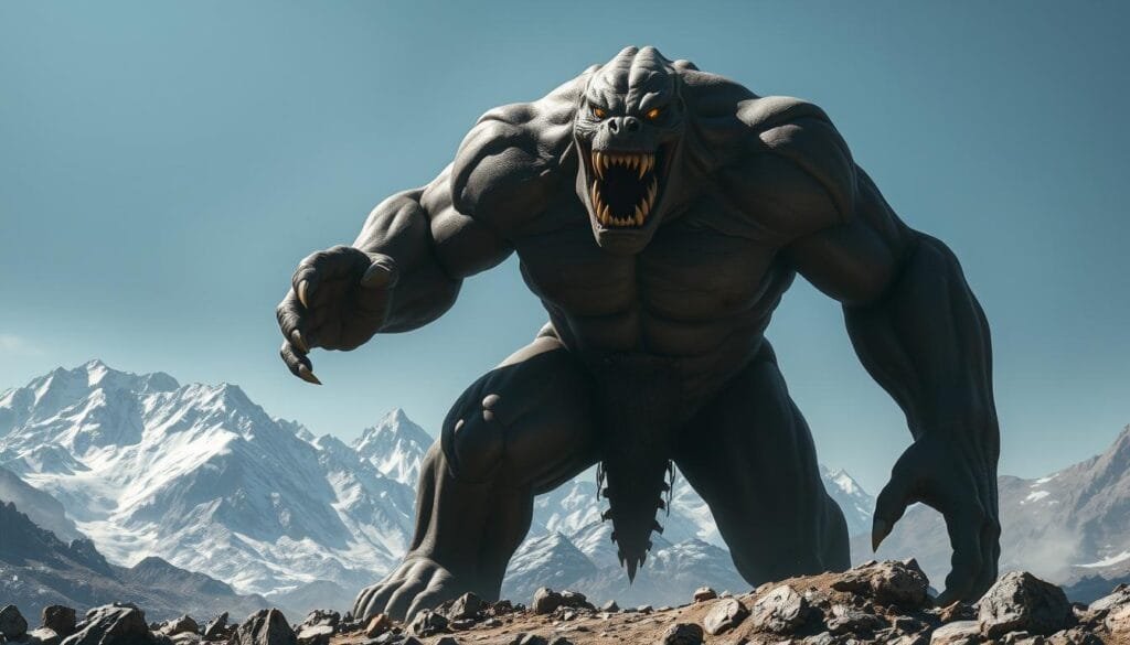 A towering, hulking figure with colossal muscles and a monstrous visage stands amidst a rugged, mountainous landscape. Its eyes burn with a primal fury, and its jaws are agape, revealing rows of jagged teeth. The creature's movements are fluid and powerful, as if it could rend the very earth asunder. In the distant background, snow-capped peaks rise like natural fortresses, echoing the formidable presence of the "Attack Titan" before them. The lighting is dramatic, casting long shadows and highlighting the creature's imposing silhouette. The overall mood is one of awe-inspiring, primeval terror.