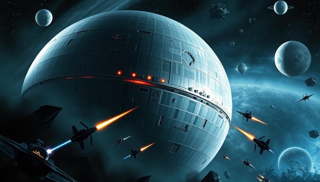 A towering, menacing spherical structure dominates the scene, its sleek metallic surface marred by visible design flaws and vulnerable weak points. Glowing plasma conduits snake across its equator, while anti-aircraft batteries and shield generators dot its surface, hinting at its immense power and deadly purpose. In the shadowy foreground, Rebel fighters swoop in, laser cannons blazing, exploiting the cracks and seams in its armor. The background is a swirling maelstrom of stars, asteroids, and the ruined debris of a previous assault, suggesting the epic scale of this confrontation. The lighting is dramatic, with harsh shadows and highlights emphasizing the Death Star's raw, utilitarian aesthetic and the Rebels' desperate, guerilla-style attack. A towering, menacing spherical structure dominates the scene, its sleek metallic surface marred by visible design flaws and vulnerable weak points. Glowing plasma conduits snake across its equator, while anti-aircraft batteries and shield generators dot its surface, hinting at its immense power and deadly purpose. In the shadowy foreground, Rebel fighters swoop in, laser cannons blazing, exploiting the cracks and seams in its armor. The background is a swirling maelstrom of stars, asteroids, and the ruined debris of a previous assault, suggesting the epic scale of this confrontation. The lighting is dramatic, with harsh shadows and highlights emphasizing the Death Star's raw, utilitarian aesthetic and the Rebels' desperate, guerilla-style attack.