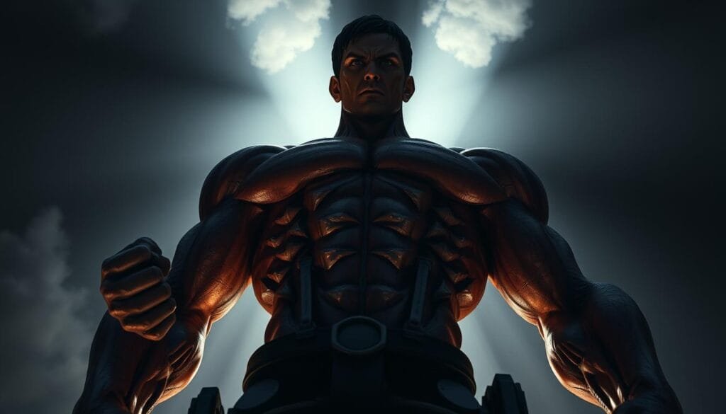 A towering, muscular figure with colossal size and imposing presence, the Attack Titan stands in a dramatic pose, its fierce gaze and clenched fists exuding a sense of raw power and unbridled determination. Intricate details adorn its form, from the rugged texture of its skin to the defined musculature and prominent veins. Backlit by a moody, atmospheric lighting, the titan casts an ominous shadow, evoking a sense of foreboding and intensity. The scene is framed with a cinematic, low-angle perspective, emphasizing the sheer scale and dominance of this legendary creature from the iconic manga "Attack on Titan".
