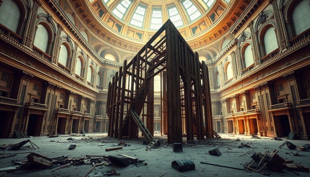 A vast, cavernous space dominates the scene, its walls adorned with intricate architectural details and a grand, domed ceiling that bathes the room in a warm, golden light. In the center, a colossal, partially constructed structure stands, its unfinished state a metaphor for the falacia costos hundidos, the sunk cost fallacy that entraps the unwary. The structure's angular, geometric design suggests an ambitious, yet ultimately doomed, endeavor. Surrounding the central piece, smaller abandoned projects litter the floor, their incomplete forms a testament to the allure of the sunk cost fallacy. The mood is one of quiet contemplation, inviting the viewer to ponder the human tendency to continue investing in failing ventures, simply because too much has already been invested.