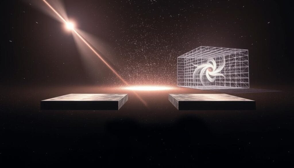 A vast, dark expanse of the quantum field, where virtual particles flicker and dance, generating the Casimir effect. In the foreground, two parallel metal plates suspended in the void, their surfaces rippling with the pulse of unseen forces. Beams of light refract and bend as they pass through the distorted fabric of spacetime, revealing the invisible energy that permeates even the most seemingly empty regions. The middle ground is a swirling vortex of quantum fluctuations, the primal soup from which all matter and energy emerges. In the background, a shimmering, holographic grid that maps the topology of the quantum landscape, a glimpse into the hidden architecture of the universe. The scene is bathed in a soft, otherworldly glow, evoking the mysterious and profound nature of the quantum realm. A vast, dark expanse of the quantum field, where virtual particles flicker and dance, generating the Casimir effect. In the foreground, two parallel metal plates suspended in the void, their surfaces rippling with the pulse of unseen forces. Beams of light refract and bend as they pass through the distorted fabric of spacetime, revealing the invisible energy that permeates even the most seemingly empty regions. The middle ground is a swirling vortex of quantum fluctuations, the primal soup from which all matter and energy emerges. In the background, a shimmering, holographic grid that maps the topology of the quantum landscape, a glimpse into the hidden architecture of the universe. The scene is bathed in a soft, otherworldly glow, evoking the mysterious and profound nature of the quantum realm.
