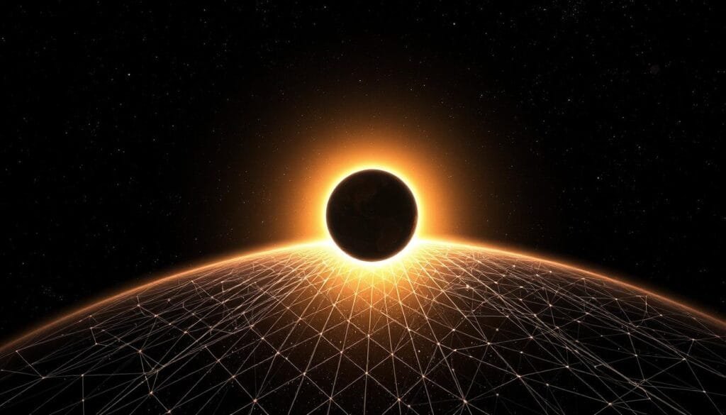 A vast, dark universe filled with distant stars and galaxies, representing the infinite scale of the cosmos. In the foreground, a solitary planet orbits a dwindling star, its resources finite and its growth constrained. Around the planet, a dense network of interconnected lines and geometric shapes, symbolizing the complex systems of resource extraction, production, and consumption that define human civilization. The lighting is stark and moody, casting deep shadows and highlighting the fragility of our world amidst the boundless expanse of the universe. The overall composition conveys a sense of unease and the looming threat of resource depletion, a visual metaphor for the Fermi Paradox and the challenges of sustainable expansion. A vast, dark universe filled with distant stars and galaxies, representing the infinite scale of the cosmos. In the foreground, a solitary planet orbits a dwindling star, its resources finite and its growth constrained. Around the planet, a dense network of interconnected lines and geometric shapes, symbolizing the complex systems of resource extraction, production, and consumption that define human civilization. The lighting is stark and moody, casting deep shadows and highlighting the fragility of our world amidst the boundless expanse of the universe. The overall composition conveys a sense of unease and the looming threat of resource depletion, a visual metaphor for the Fermi Paradox and the challenges of sustainable expansion.