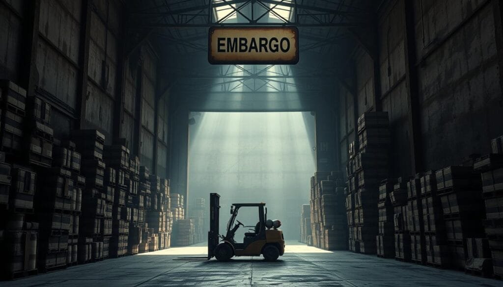 A vast, industrial warehouse, the walls stained with the passage of time. Crates and barrels, stacked high, cast shadows across the dimly lit interior. A solitary forklift, its engine rumbling, navigates the maze of goods - a metaphor for the tangled web of trade restrictions and supply chain disruptions. The air is thick with the scent of motor oil and the hum of machinery, evoking a sense of uncertainty and unease. A single, worn sign hangs above the entrance, its message stark and foreboding: "EMBARGO". The scene conveys the disruption and hardship faced by those affected by the limitations on the flow of essential materials, a visual representation of the "Embargo al Eje" during a tumultuous period in history.