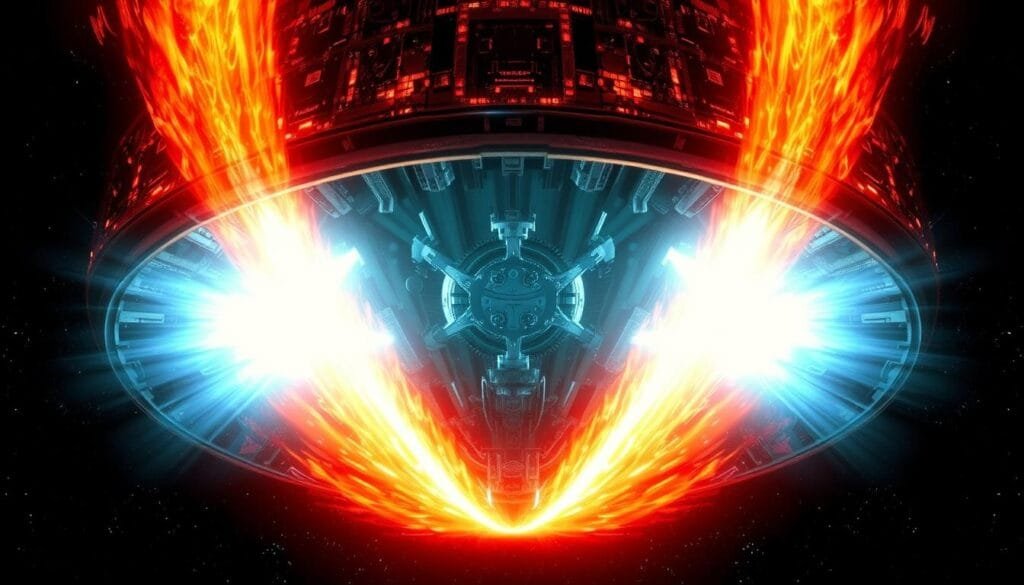 A vast, menacing superláser emerges from the ominous, mechanical shell of the Galactic Empire's ultimate weapon, the Death Star. Colossal plasma streams surge with blinding intensity, casting an ominous glow across the dark void of space. Intricate circuitry and massive power conduits crackle with raw energy, hinting at the incredible destructive potential within. The superláser's gargantuan scale is emphasized by the tiny stars scattered in the background, dwarfed by its imposing presence. An eerie, foreboding atmosphere pervades the scene, evoking a sense of dread and the devastating power of this technological terror. A vast, menacing superláser emerges from the ominous, mechanical shell of the Galactic Empire's ultimate weapon, the Death Star. Colossal plasma streams surge with blinding intensity, casting an ominous glow across the dark void of space. Intricate circuitry and massive power conduits crackle with raw energy, hinting at the incredible destructive potential within. The superláser's gargantuan scale is emphasized by the tiny stars scattered in the background, dwarfed by its imposing presence. An eerie, foreboding atmosphere pervades the scene, evoking a sense of dread and the devastating power of this technological terror.