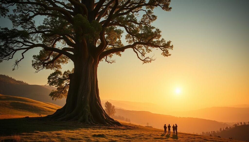 A vast, serene landscape of rolling hills and lush greenery, bathed in the warm glow of a setting sun. In the foreground, a towering, ancient-looking tree stands tall, its branches reaching towards the heavens. The tree's roots seem to be pulsing with a mysterious, low-frequency vibration, creating a subtle yet persistent "hum" that emanates from the very Earth itself. In the middle ground, a group of scientists gathers, their instruments carefully trained on the tree, studying the enigmatic vibrations. The background is hazy, with distant mountains and a softly glowing horizon, creating a sense of contemplation and wonder. The overall mood is one of scientific curiosity and a profound connection to the natural world.